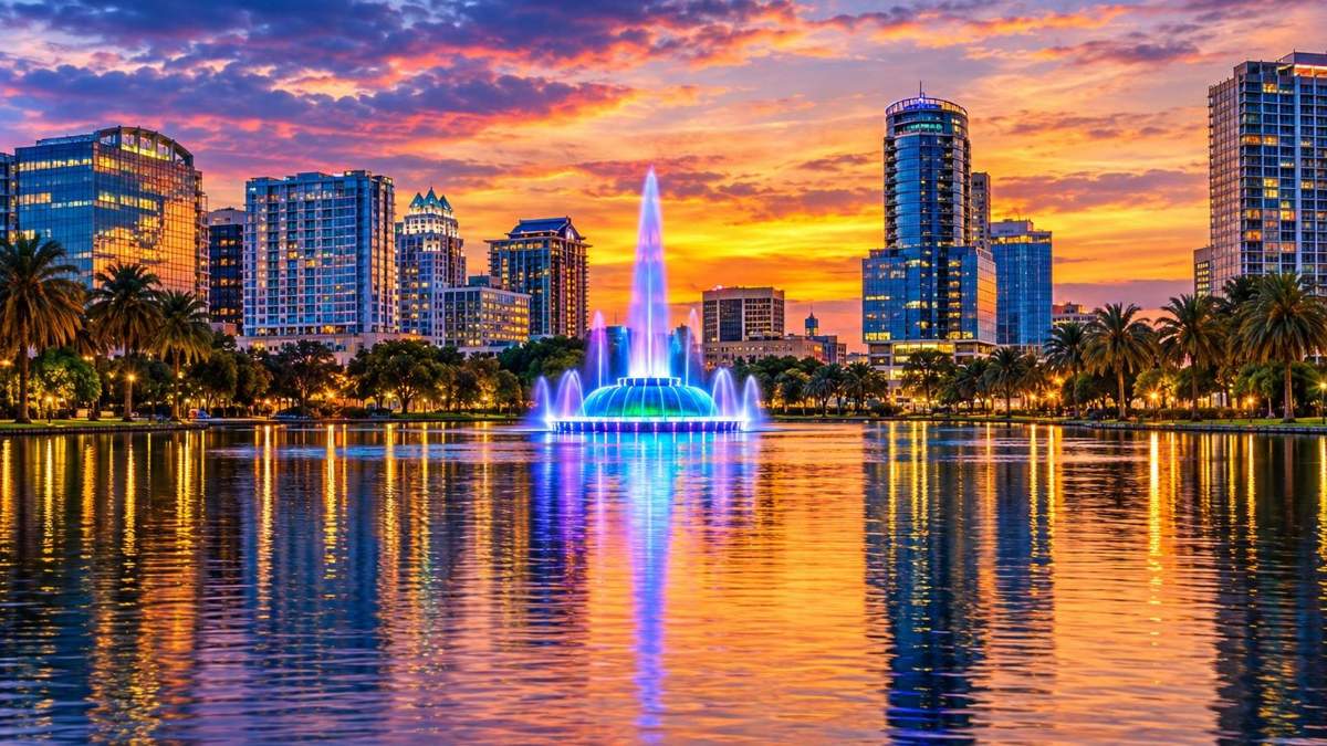 Lake Eola fountain and the downtown Orlando skyline at dusk